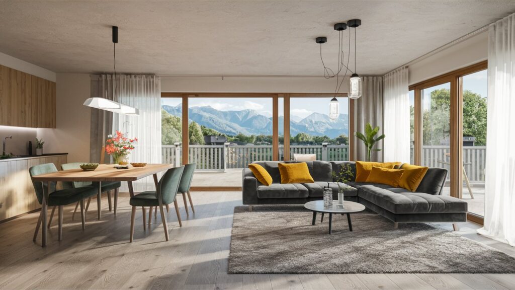 Hell und einladend gestaltetes Wohnzimmer einer Immobilie in Innsbruck mit einem atemberaubenden Blick auf die Berge