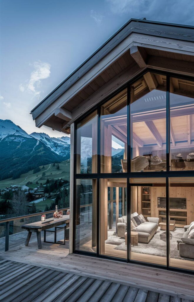 Gemütliches Chalet mit Panoramafenstern bei Abenddämmerung, Immobilienkauf und -verkauf in Bergregion