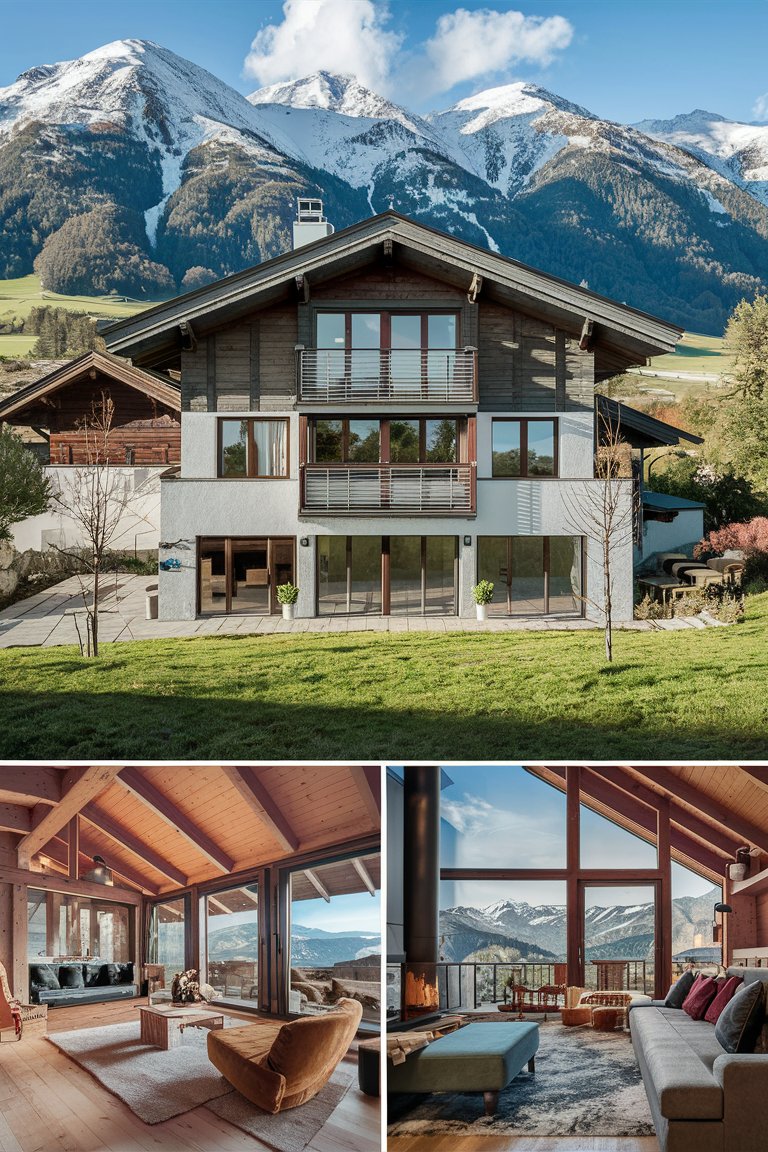 Modernes Holzhaus mit schneebedeckten Bergen im Hintergrund, Telfs Immobilienmakler-Angebot