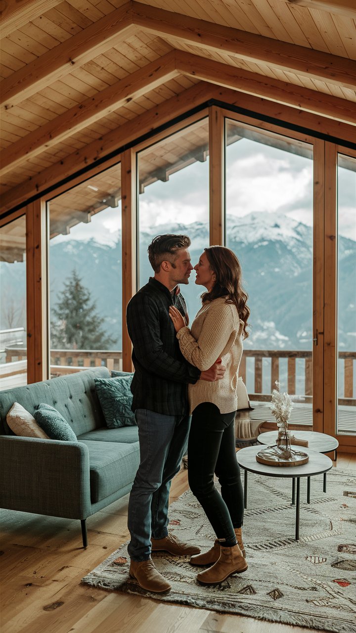 Paar umarmt sich in einem Wohnzimmer mit Bergblick, Immobilienmarkt in Telfs Möglichkeiten