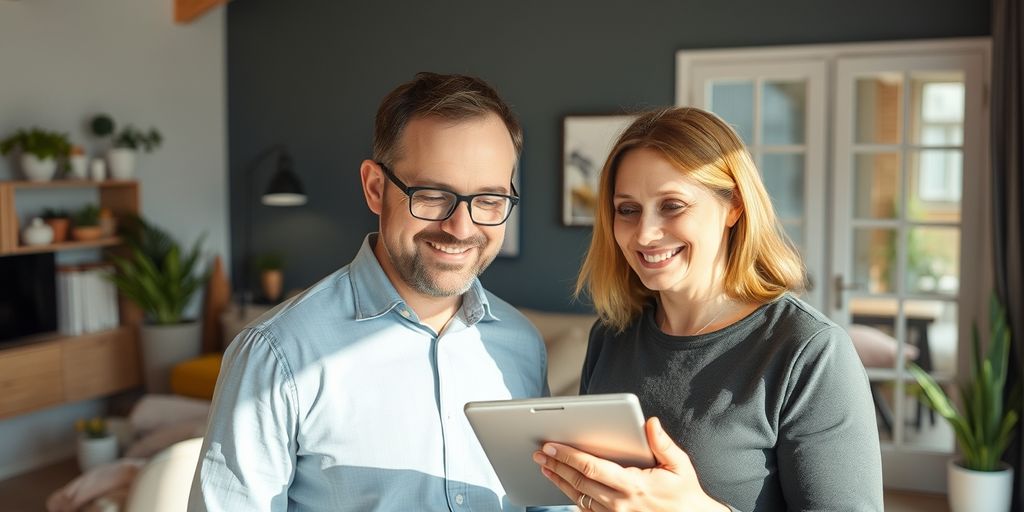 Berater erklärt Energiesparstrategien in einem modernen Zuhause.